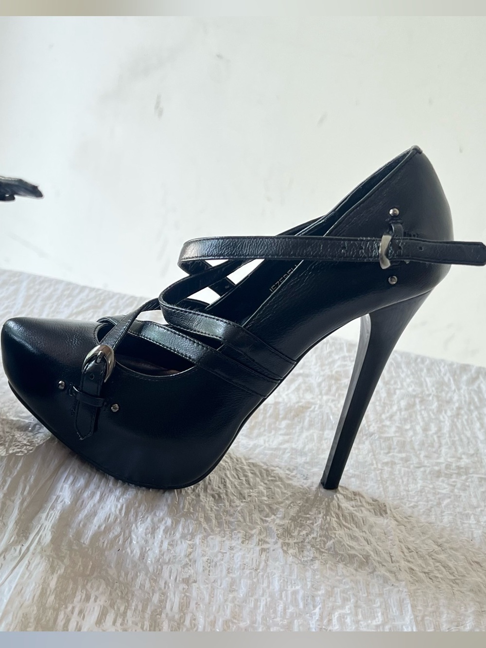 Bakers Black Cross-Strap Platform Stiletto Heels
